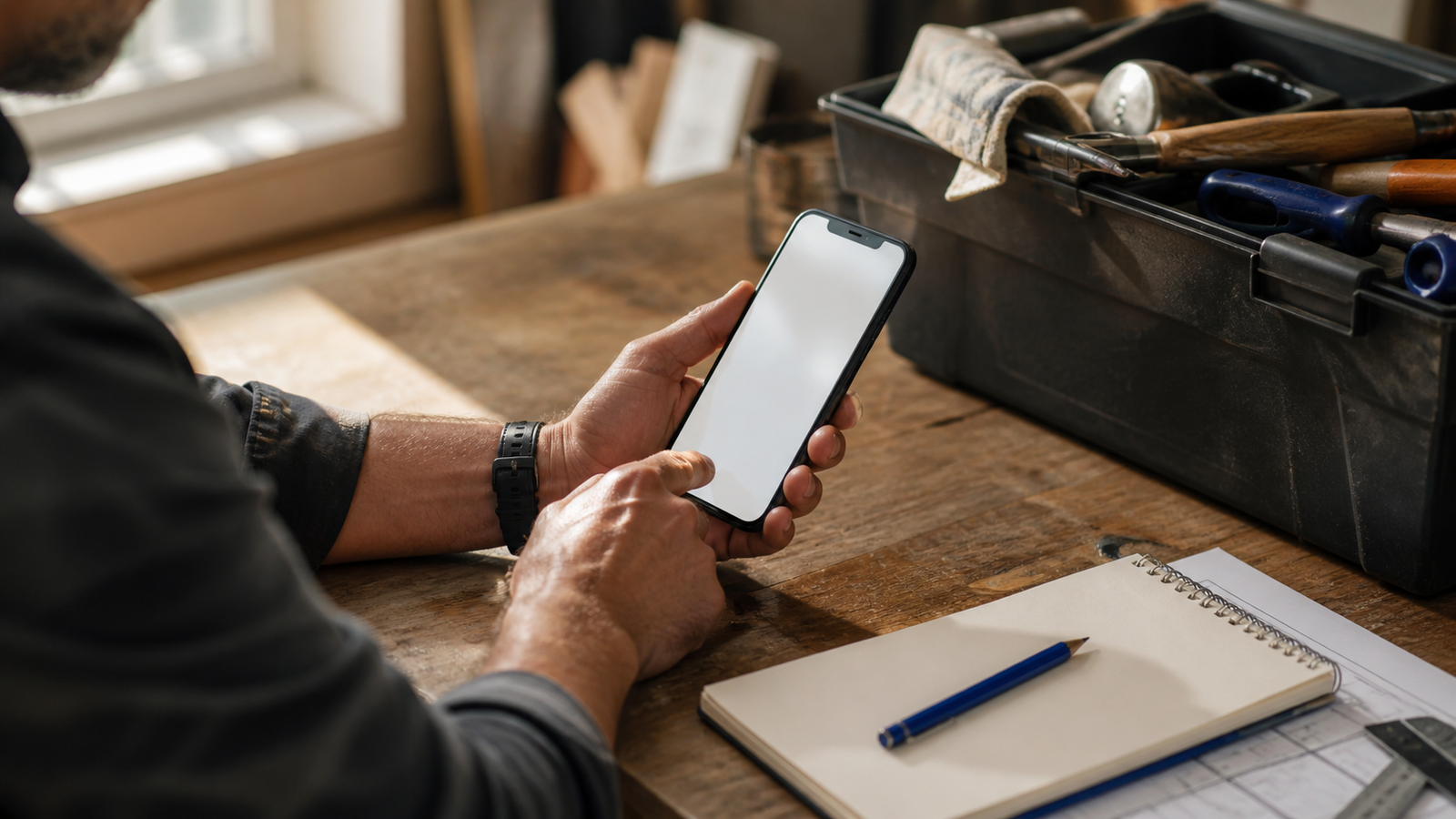 Local business owner reviewing a phone inquiry at a workbench